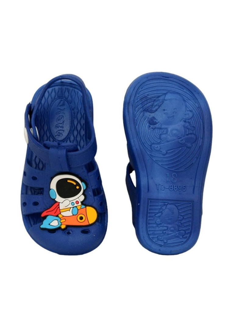 Front and Back view of Blue Astronaut Rocket Sandals for Boys showing sole design