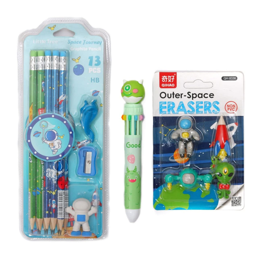 Detailed view of the astronaut and space-themed erasers in the Yellow Bee stationery set.