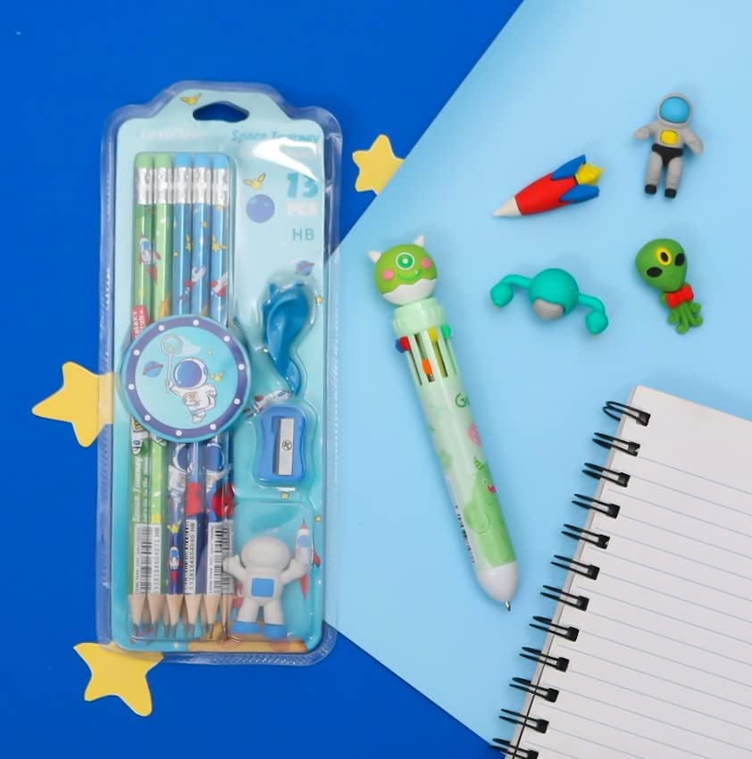 Overview of Yellow Bee's astronaut-themed stationery set, featuring pencils, a pen, and erasers in a vibrant package