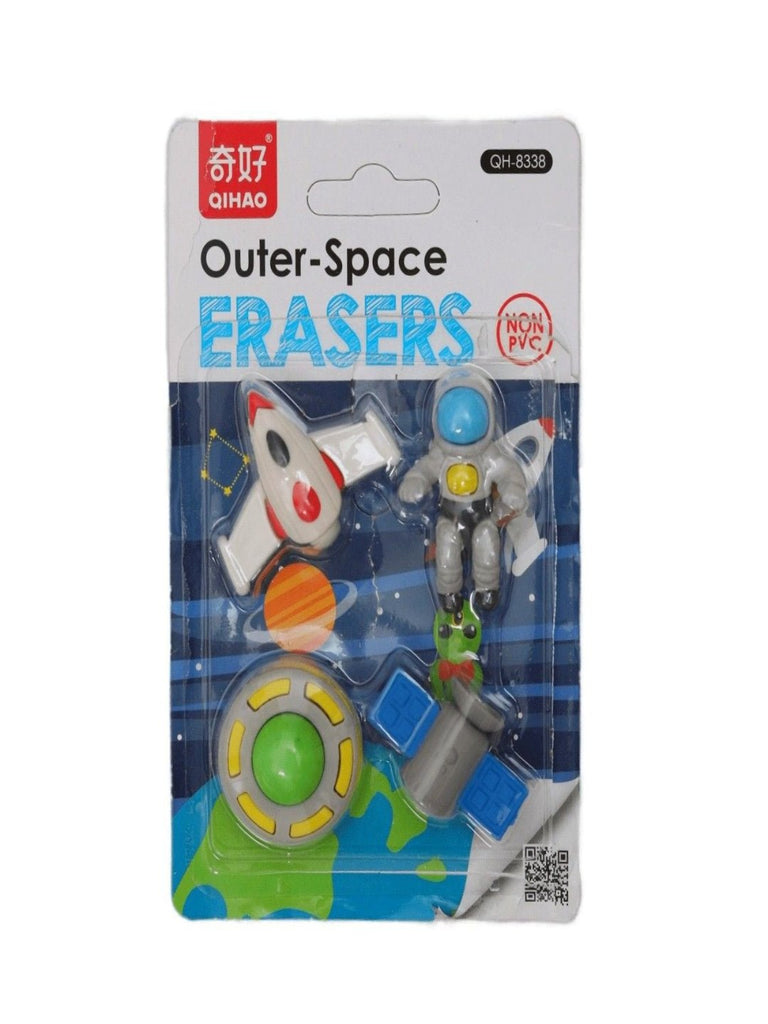 Pack of Yellow Bee astronaut-themed erasers, showcasing fun space designs including rockets and aliens.