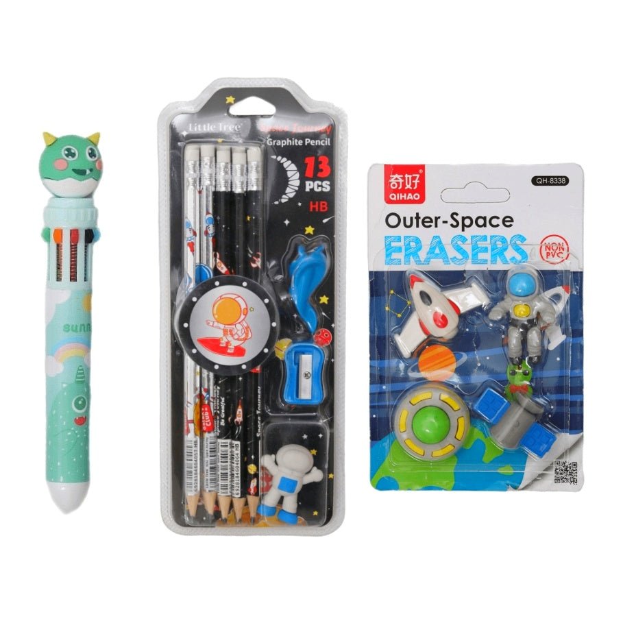 Close-up of the astronaut-themed pencils included in the Yellow Bee Stationery Set, highlighting the space designs.