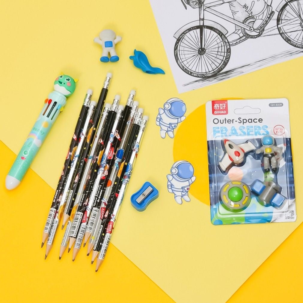 Complete Yellow Bee Astronaut Theme Stationery Set in packaging, featuring pencils, pen, and erasers with space motifs.