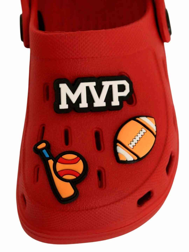 Athletic Red Clogs with MVP, American Football, Baseball & Bat Charms for Boys-Front View