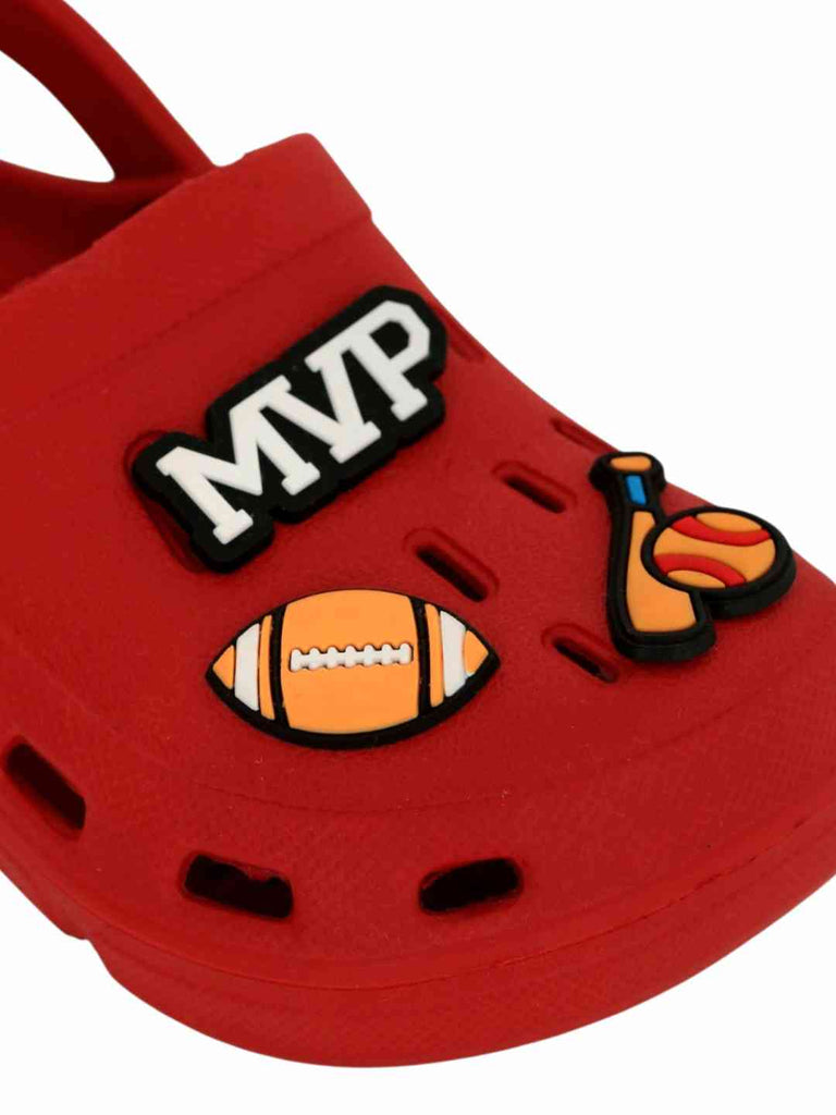 Athletic Red Clogs with MVP, American Football, Baseball & Bat Charms for Boys-Close up view