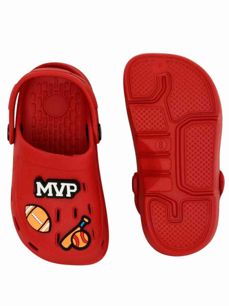 Athletic Red Clogs with MVP, American Football, Baseball & Bat Charms for Boys-Front & Back View