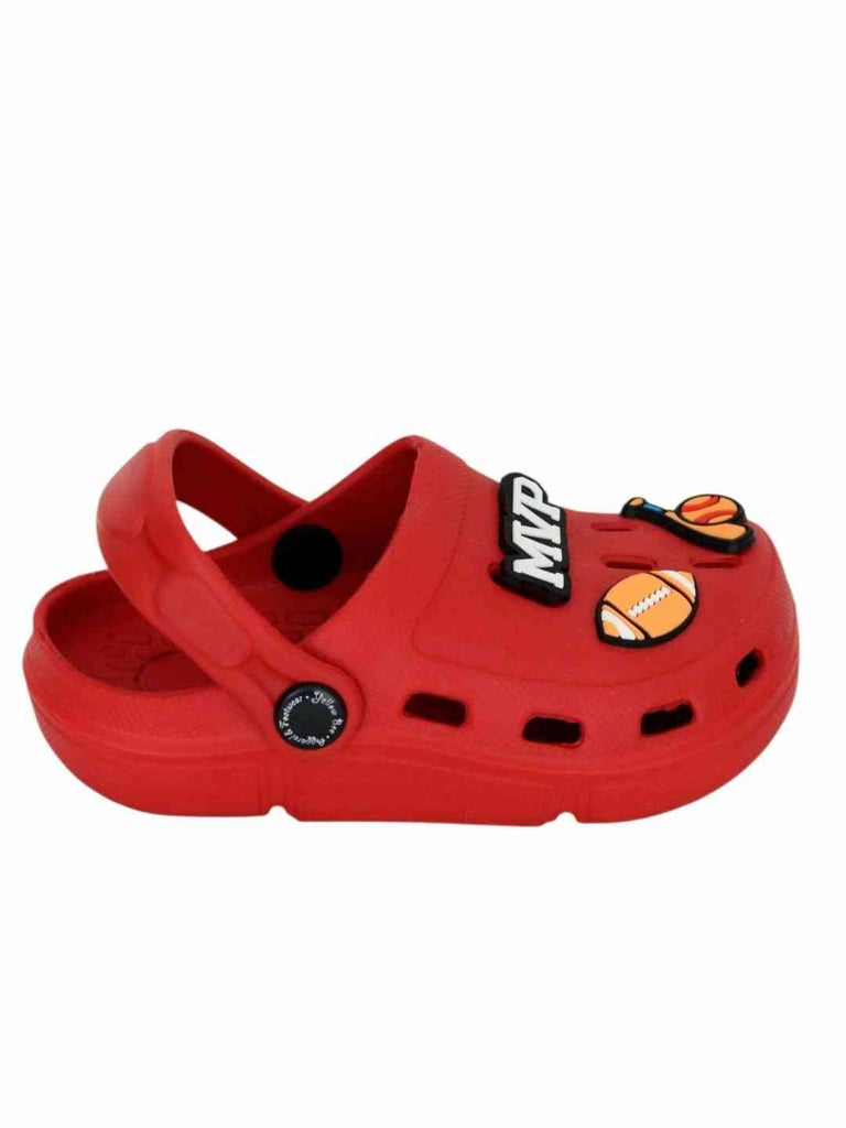 Athletic Red Clogs with MVP, American Football, Baseball & Bat Charms for Boys-Side View