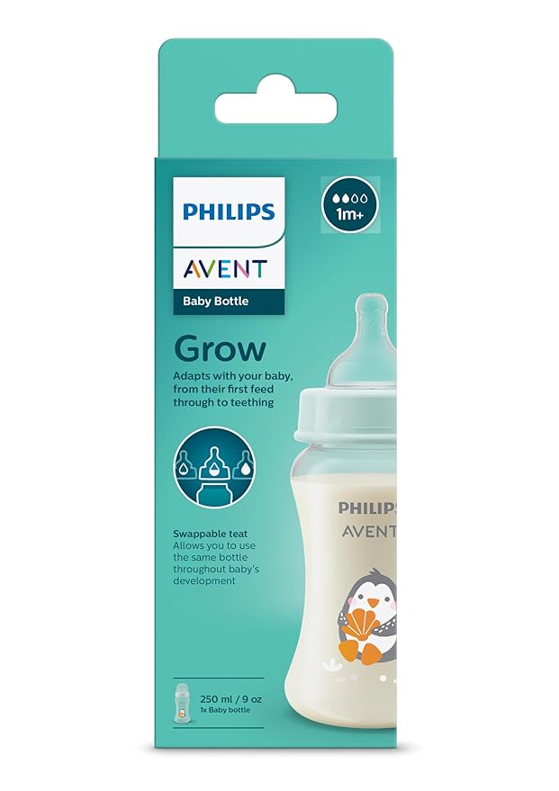 Philips Avent SCF061/01 Grow Baby Bottle packaging showing the 3m+ age indication and swappable teat feature