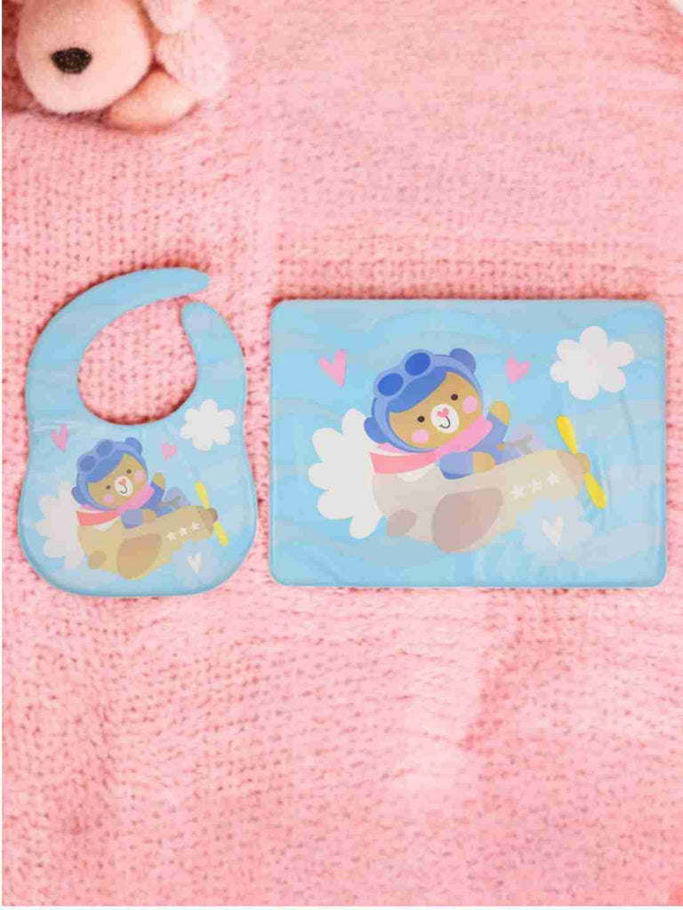 Yellow Bee Flying Bear Print Feeding Bib and Mat Set in Full View-Creative view..