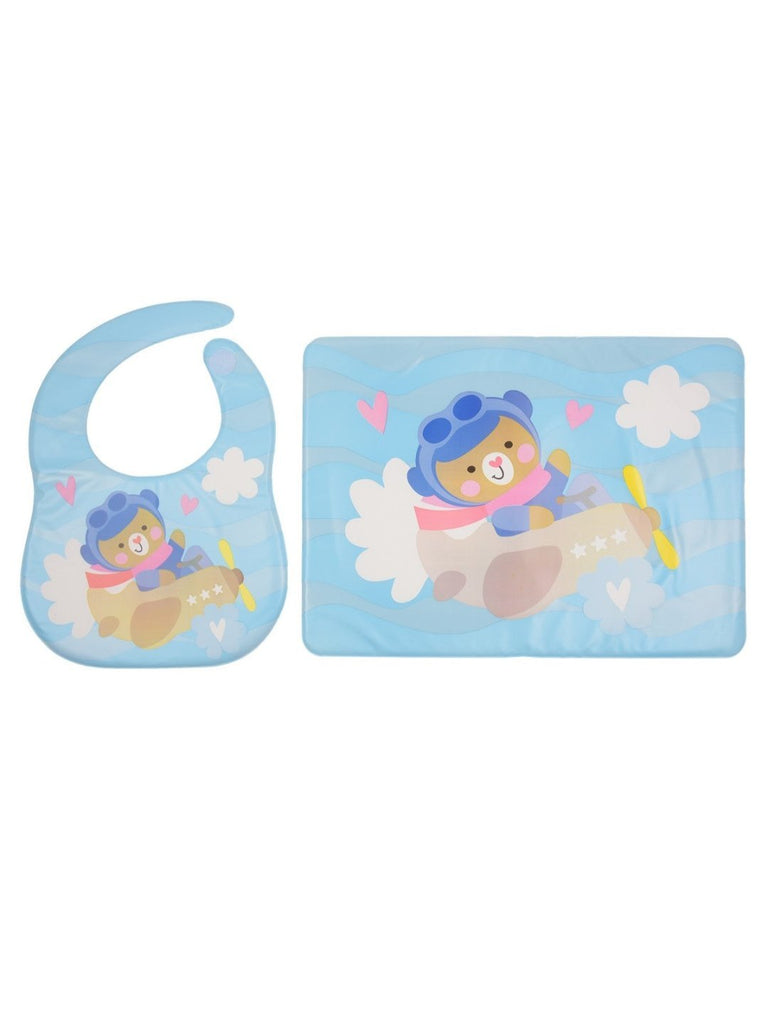 Yellow Bee Flying Bear Print Feeding Bib and Mat Set in Full View