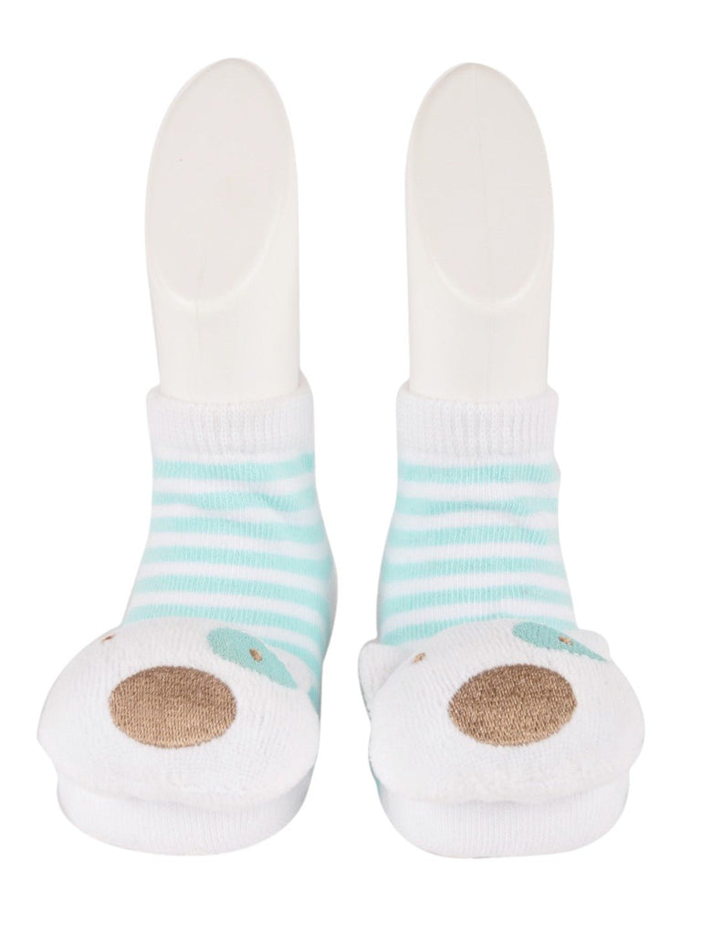 front view of Baby Bear Face Striped Ankle Socks – Soft Mint and White by Yellow Bee.