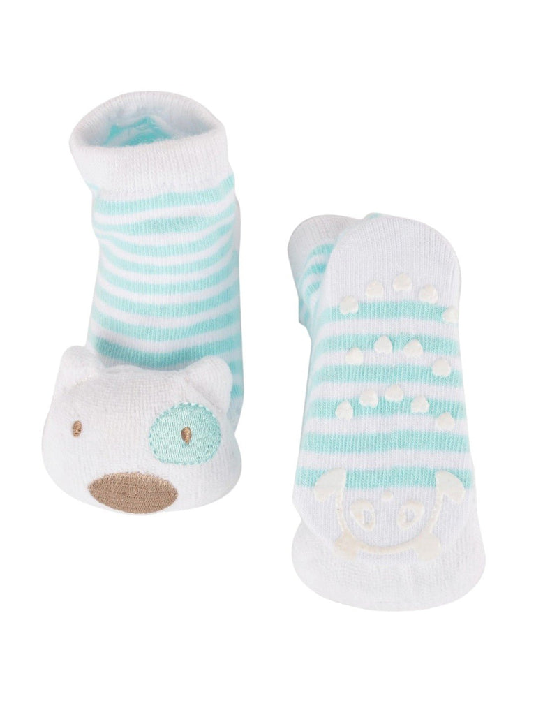 Front and back view of Baby Bear Face Striped Ankle Socks – Soft Mint and White by Yellow Bee.