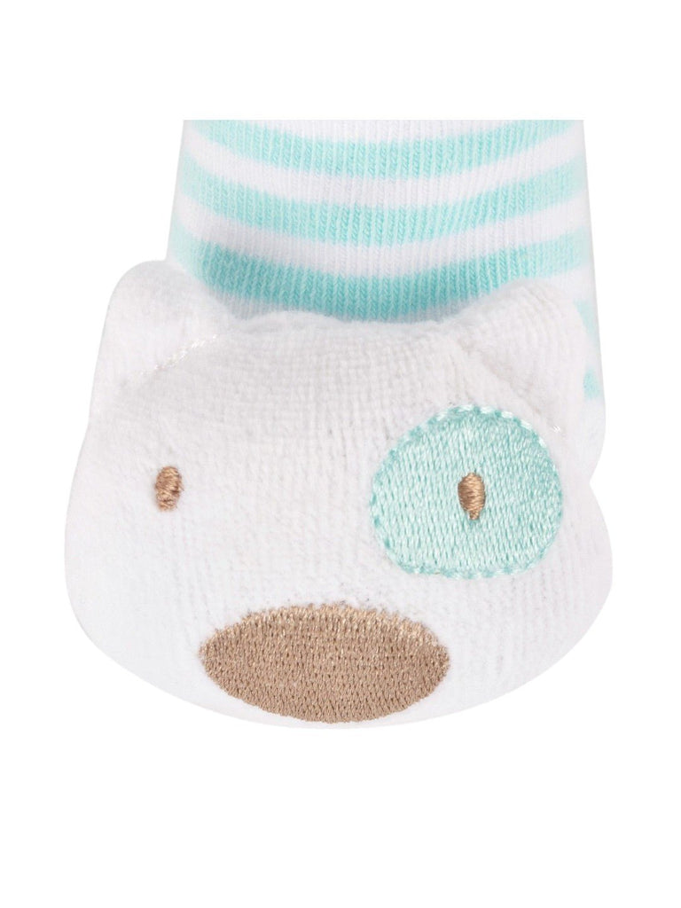 Close-up zoom view of Baby Bear Face Striped Ankle Socks – Soft Mint and White by Yellow Bee.