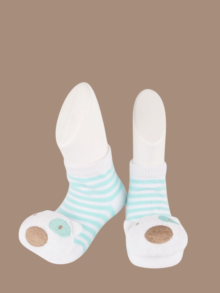 Baby Bear Face Striped Ankle Socks – Soft Mint and White