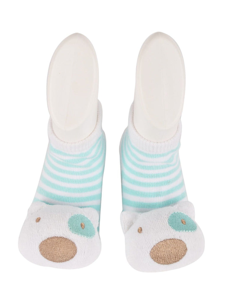  Front view of Baby Bear Face Striped Ankle Socks – Soft Mint and White by Yellow Bee.