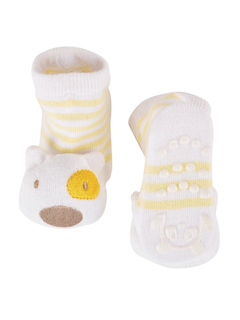  Front and back view of Yellow Bee Baby Bear Face Ankle Socks, showcasing the bear face design and non-slip sole.