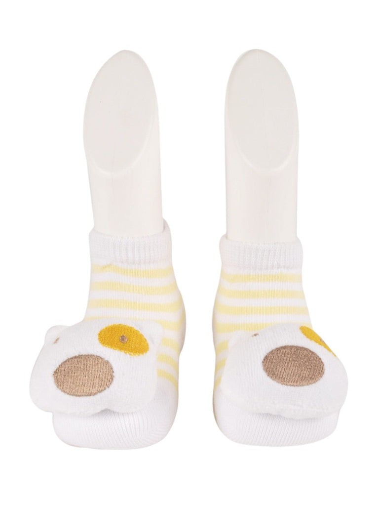 Front view of Yellow Bee Baby Bear Face Striped Socks, showing the comfortable ankle fit.