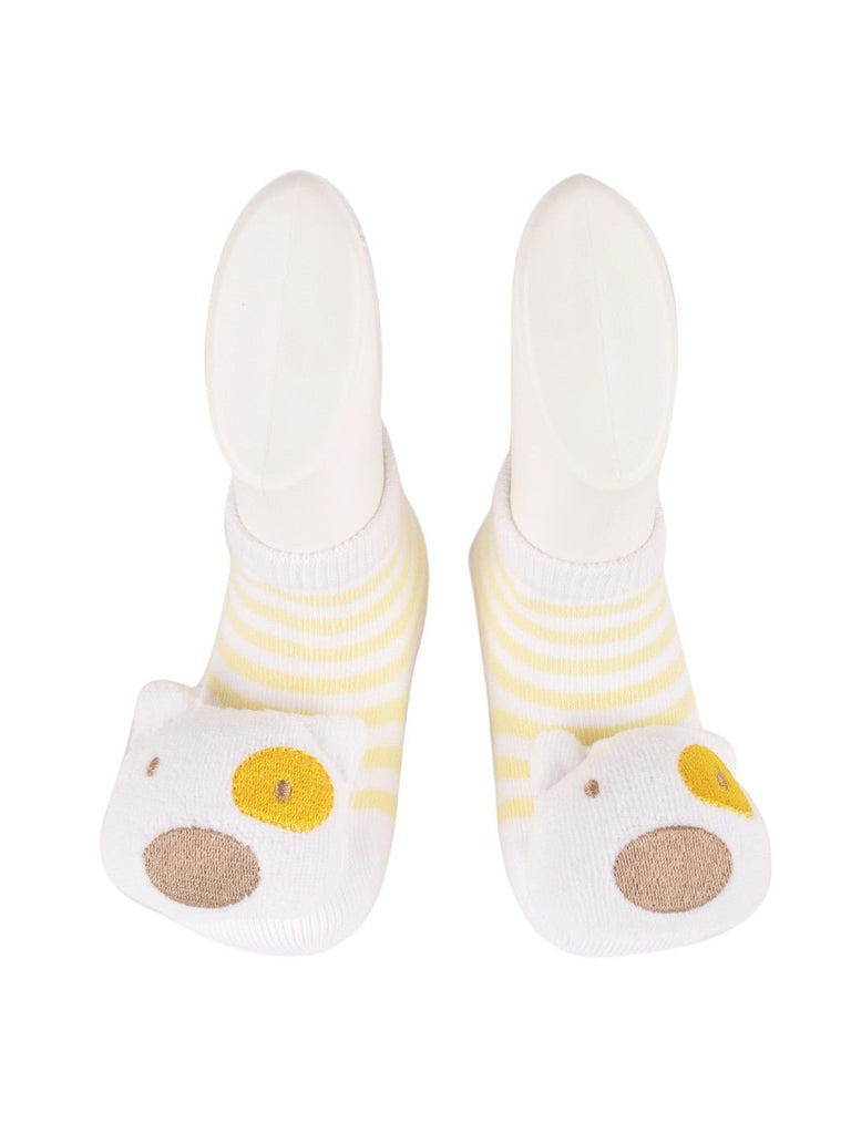 Front pair view of Baby Bear Face Ankle Socks in yellow and white stripes with bear face detail.