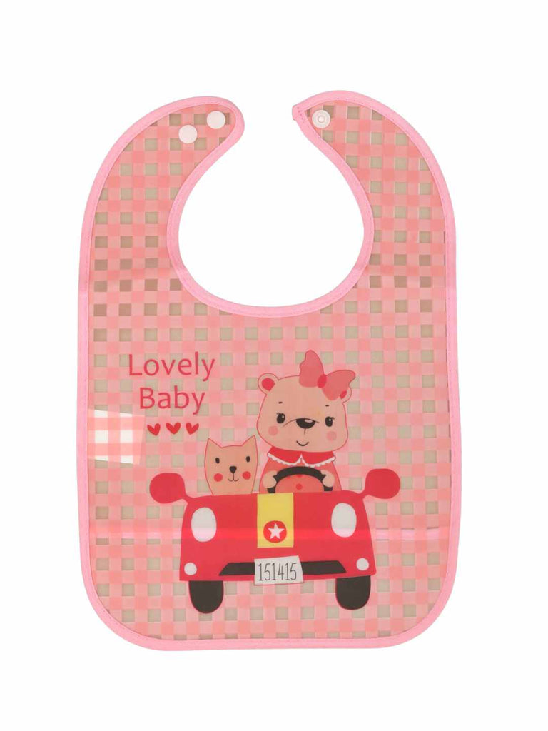 YellowBeeBabyBib_PinkCheckPatternwithLovelyBabyCarTheme-FrontView 1