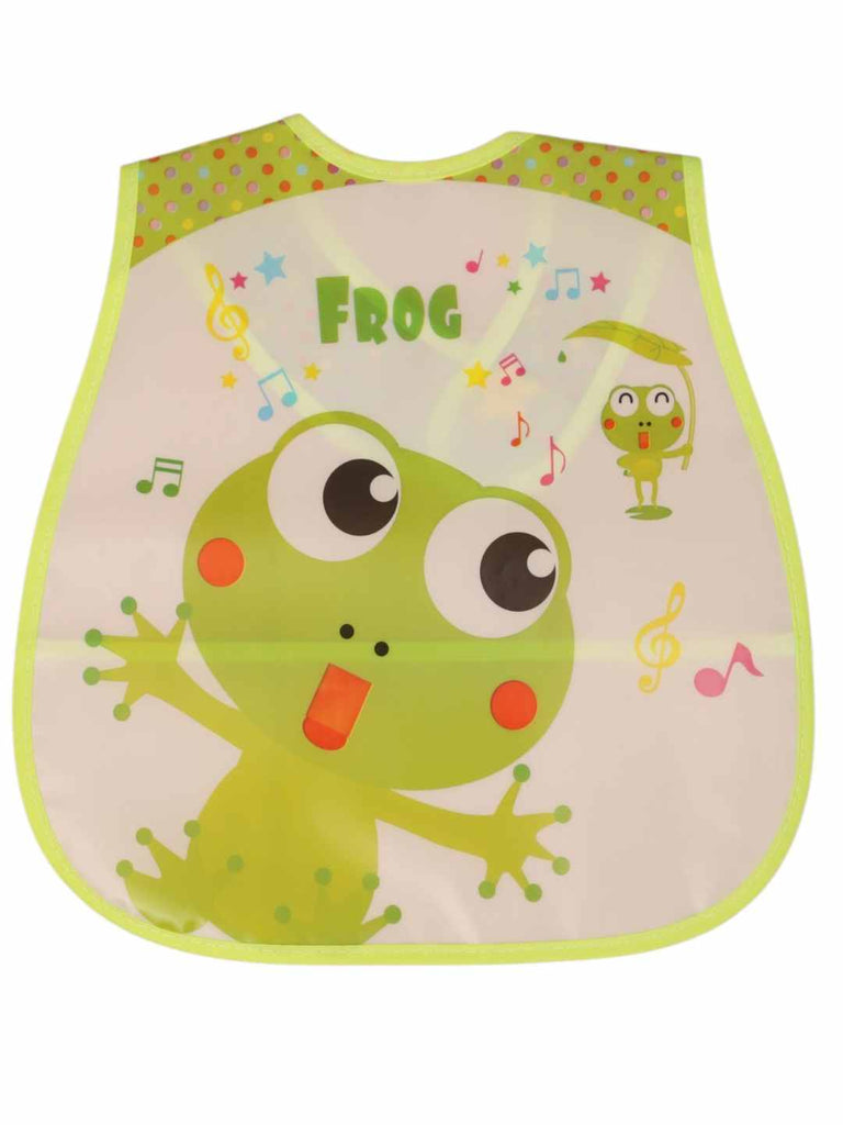 YellowBeeBabyFeedingBib_MusicalGreenFrogPrintwithSpillCatcher-FrontView1