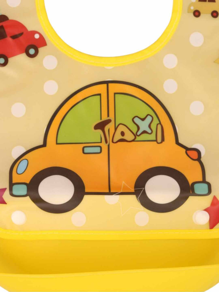 RoadTripBabyBib_YellowWaterproofBibwithCuteTaxiCar_CatcherPocket-CloseUpView 1