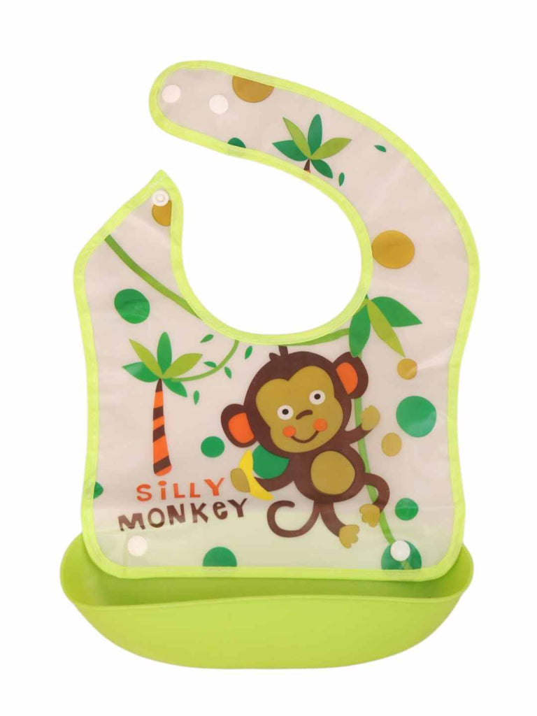 JungleFunBabyBib_GreenWaterproofBibwithMonkeyPrint_CatcherPocket-FrontView