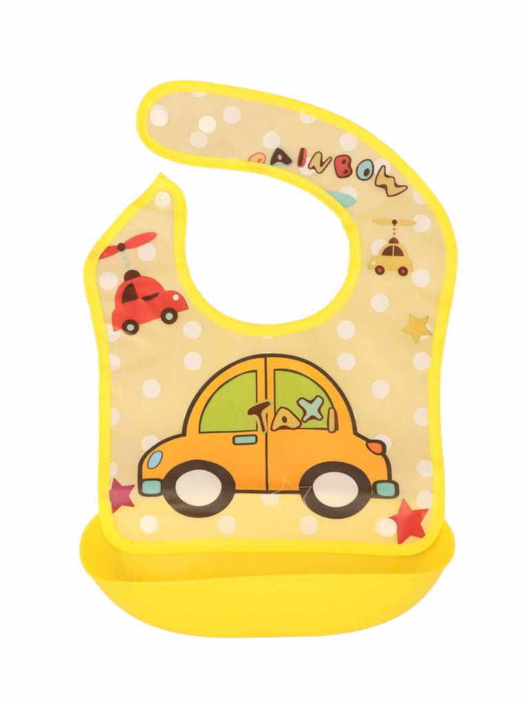 RoadTripBabyBib_YellowWaterproofBibwithCuteTaxiCar_CatcherPocket-FrontView 1