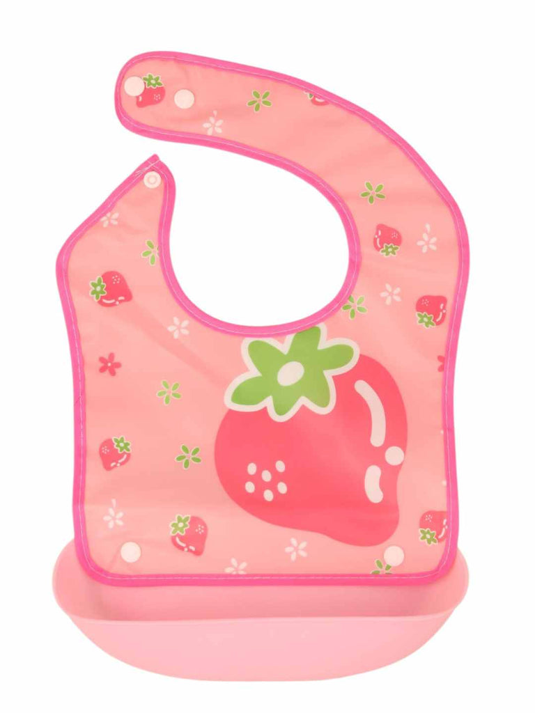 BerryBunnyBabyBib_PinkBibwithStrawberryMotif_FoodCatcherPocket-FrontView1