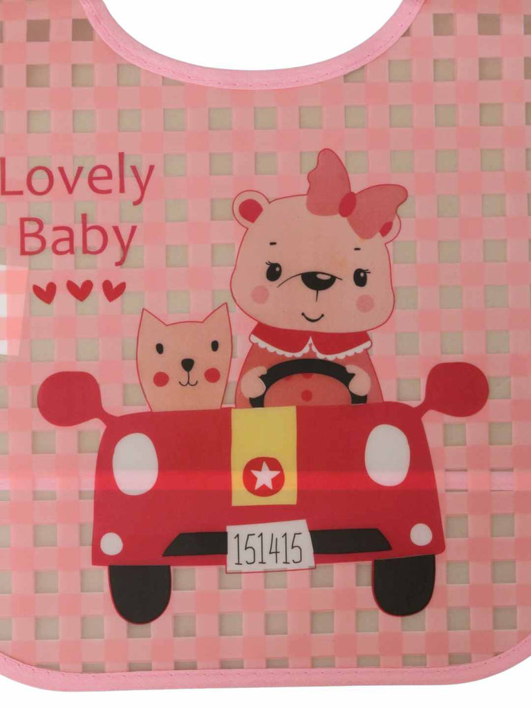 YellowBeeBabyBib_PinkCheckPatternwithLovelyBabyCarTheme-CloseUpView