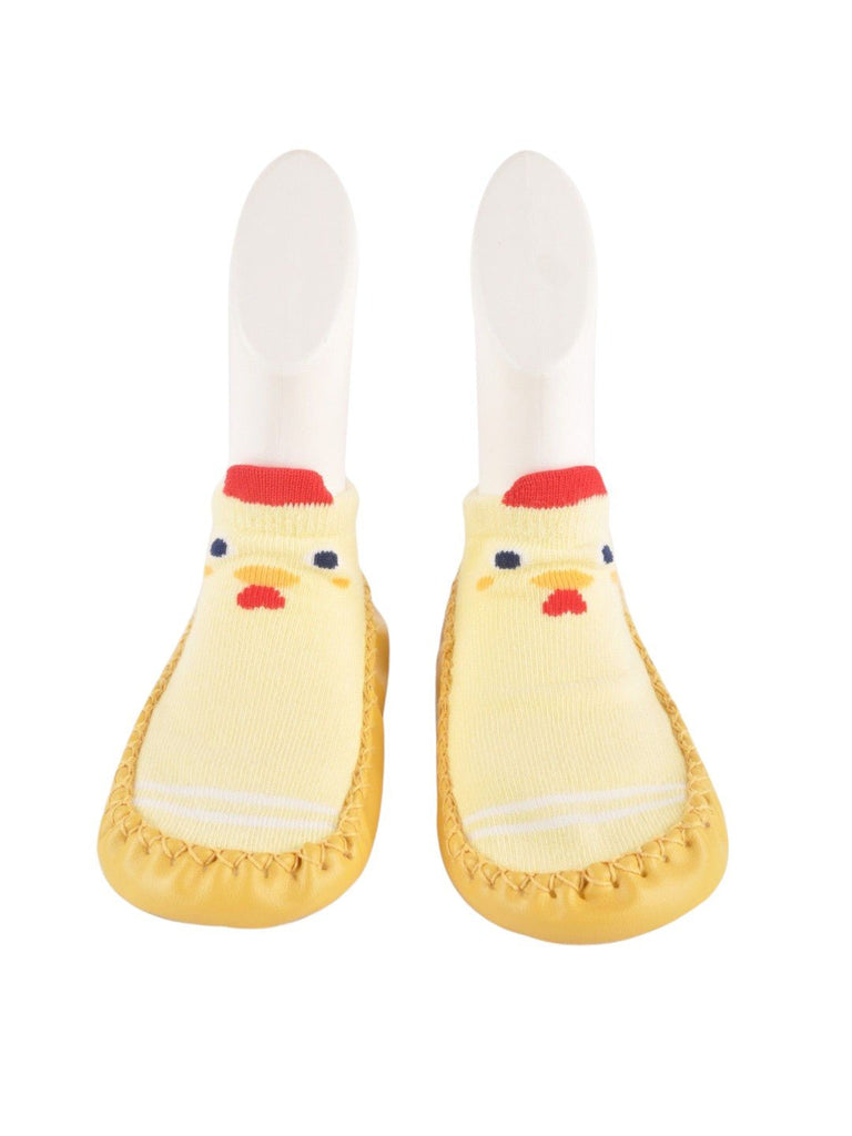 A pair of Baby Chick Face Soft Moccasin Socks with a cute chick face and vibrant colors.