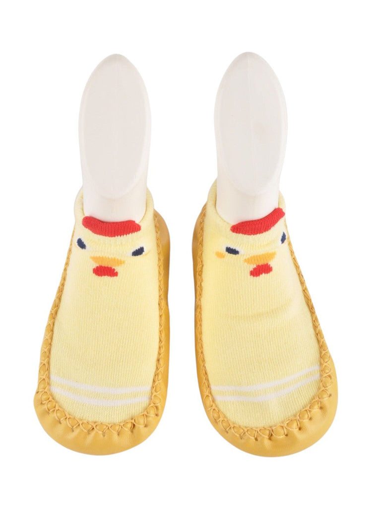 Straight-on view of the Baby Chick Face Soft Moccasin Socks showcasing the adorable chick design.