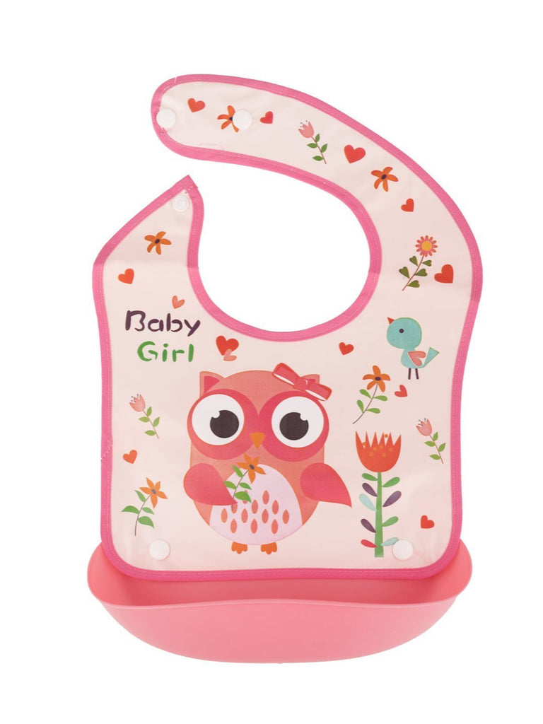 Front view of Baby Girl Owl-Themed Waterproof Bib with pink owl and floral print