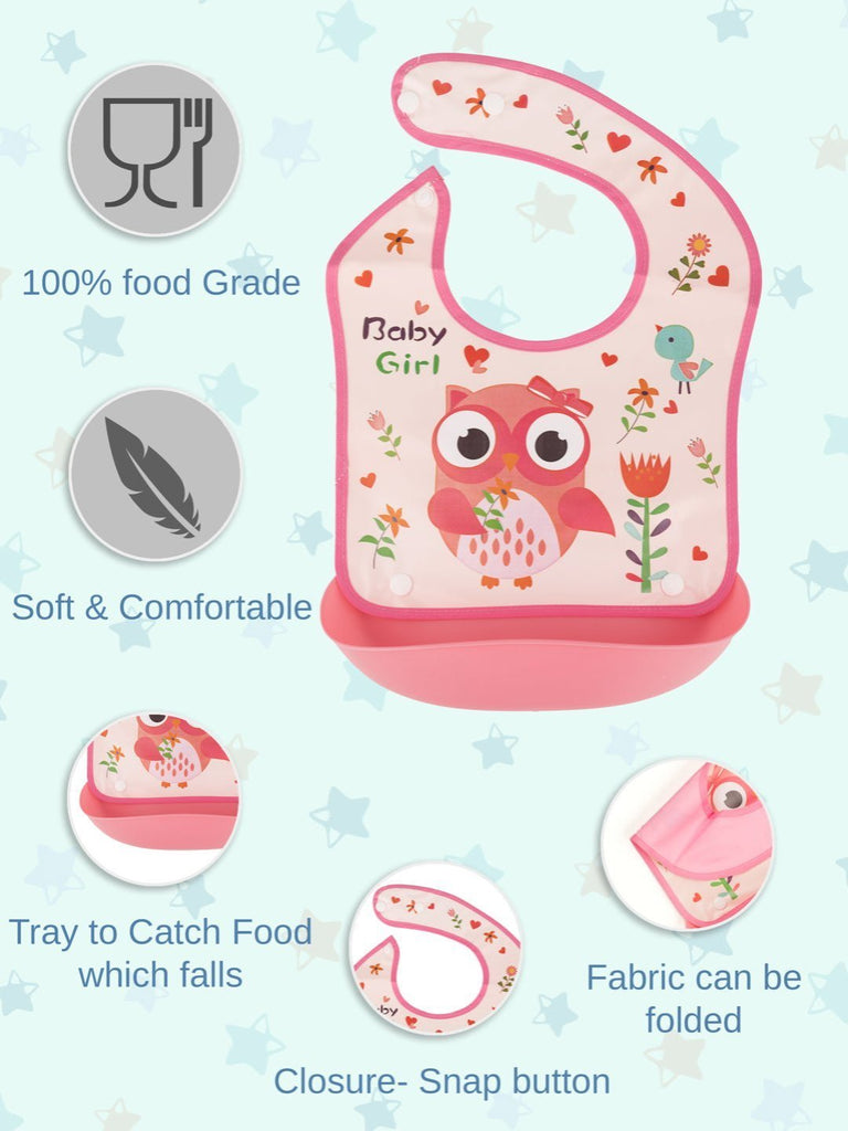 Detailed infographic view of Baby Girl Owl-Themed Bib showcasing features like waterproof and BPA-free material