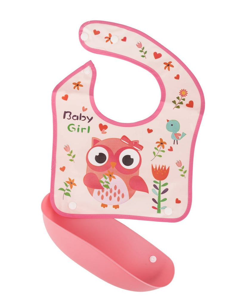 Full view of Baby Girl Owl-Themed Waterproof Bib with owl and flower accents and snap closure