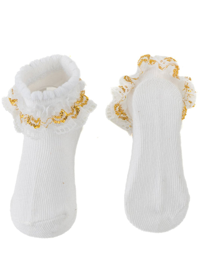 Front and back view of Baby Girls' White Lace and Gold Trim Socks by Yellow Bee.