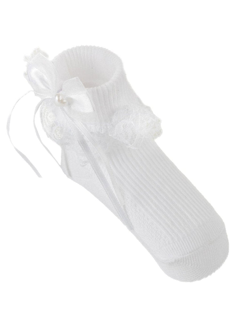 Close-up view of Baby Girls' Elegant White Lace Socks by Yellow Bee.