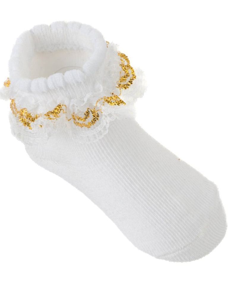 Close-up view of Baby Girls' White Socks with Elegant Gold Trim by Yellow Bee.