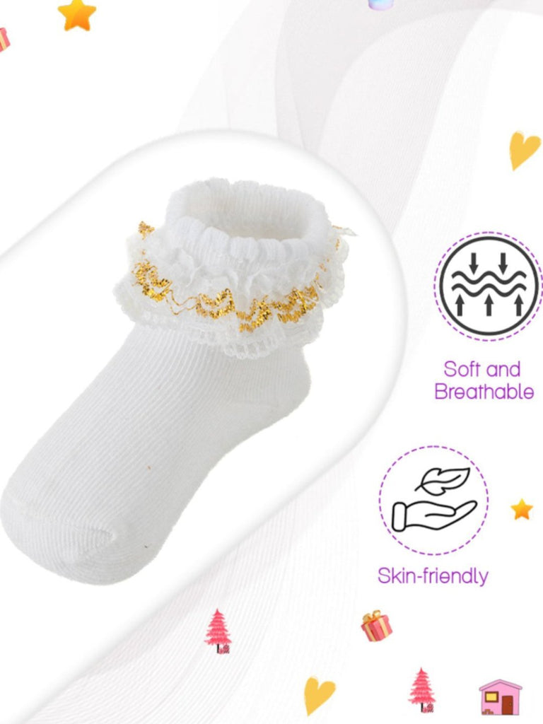 Side view infographic showing comfort features of Baby Girls' White Lace and Gold Trim Socks Set by Yellow Bee.