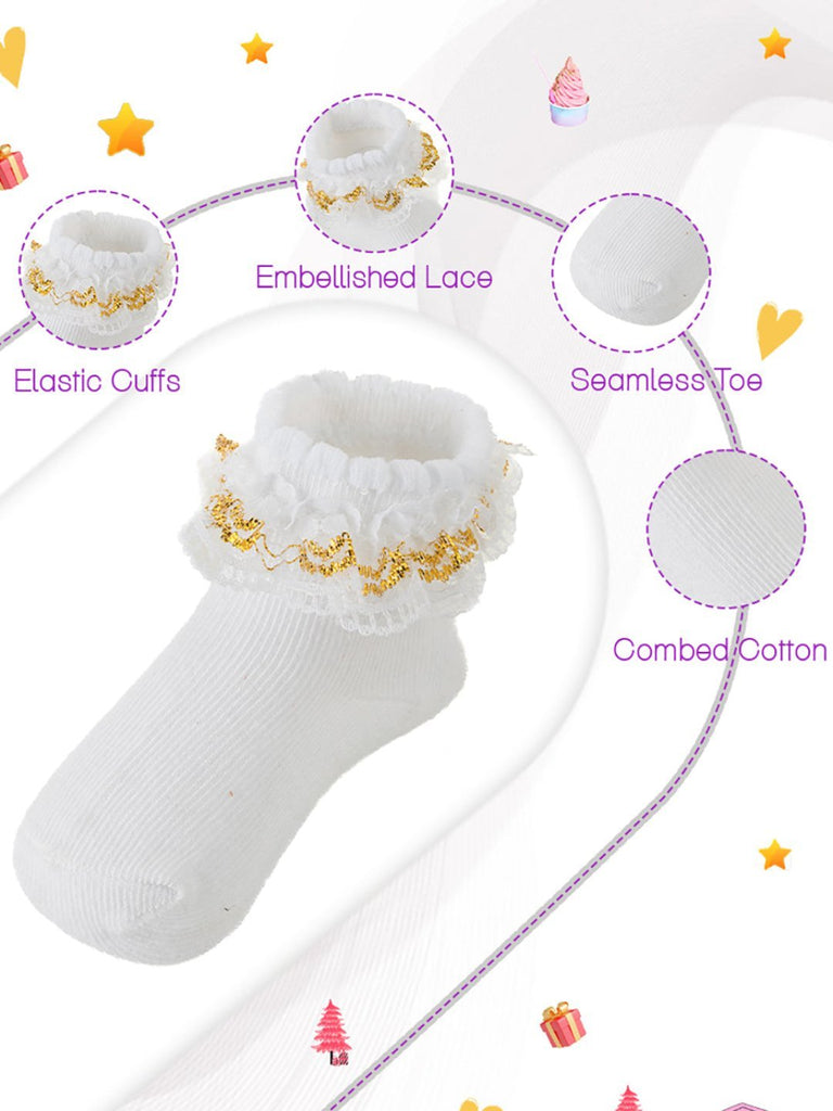 Infographic detailing lace embellishment and design of Baby Girls' White Lace and Gold Trim Socks Set by Yellow Bee.