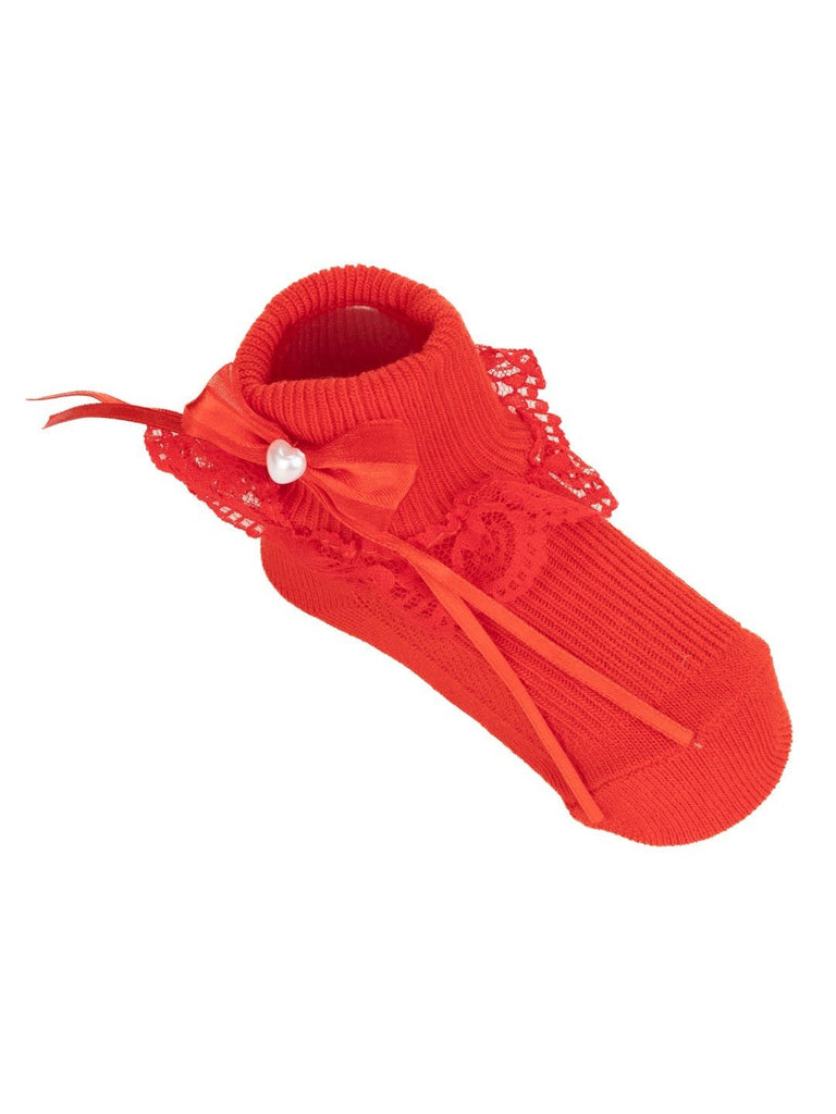 Baby Girls' Lace-Trimmed Red Socks Side View