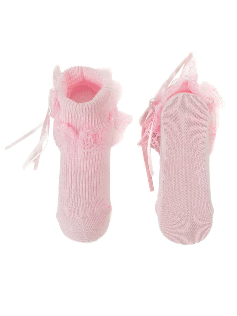 Baby Girls' Lace-Trimmed Pink Socks Front and Back View