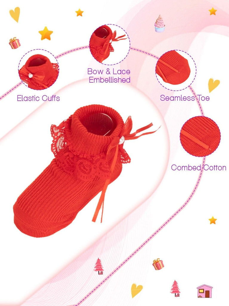 Baby Girls' Lace-Trimmed Bow Socks Set – Pink and Red Combo Infographic Detail View