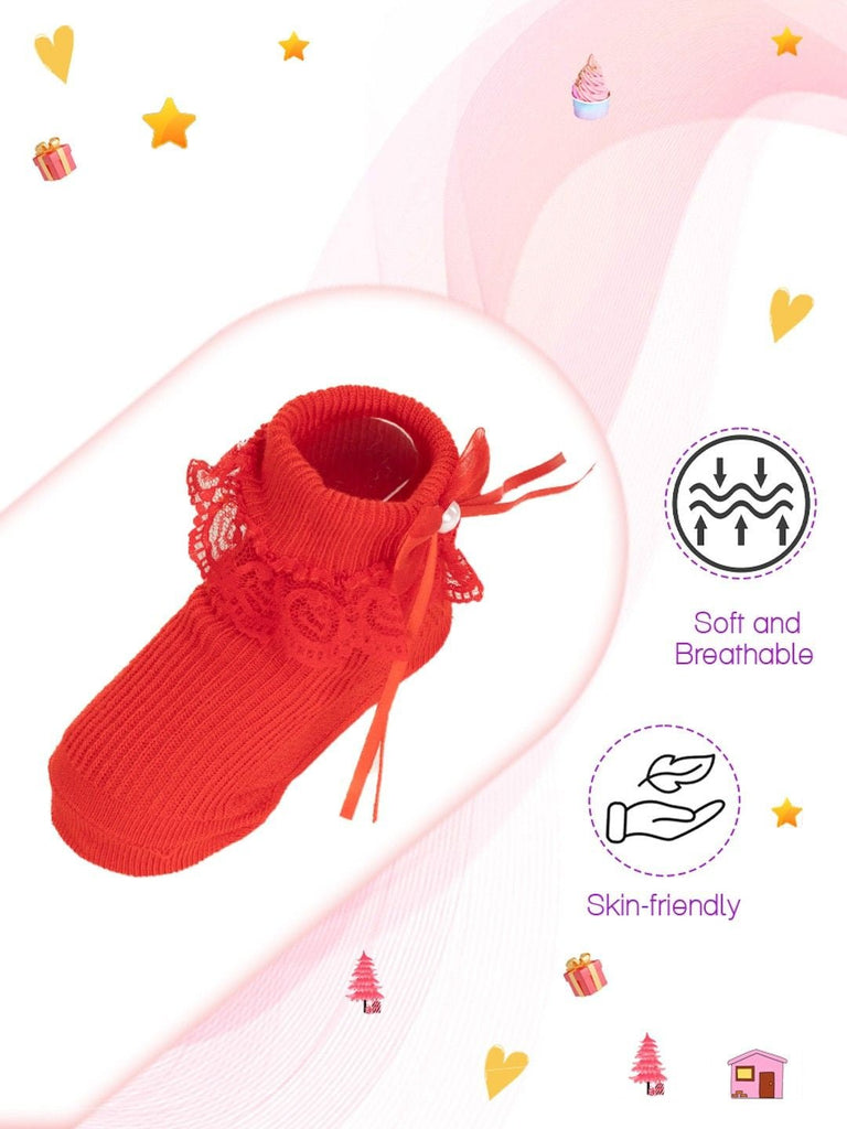 Baby Girls' Lace-Trimmed Bow Socks Set – Pink and Red Combo Infographic Side View.