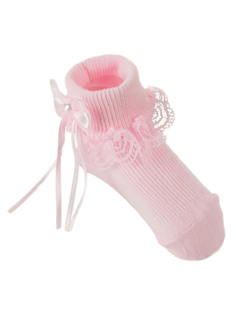 Baby Girls' Lace-Trimmed Pink Socks Side View