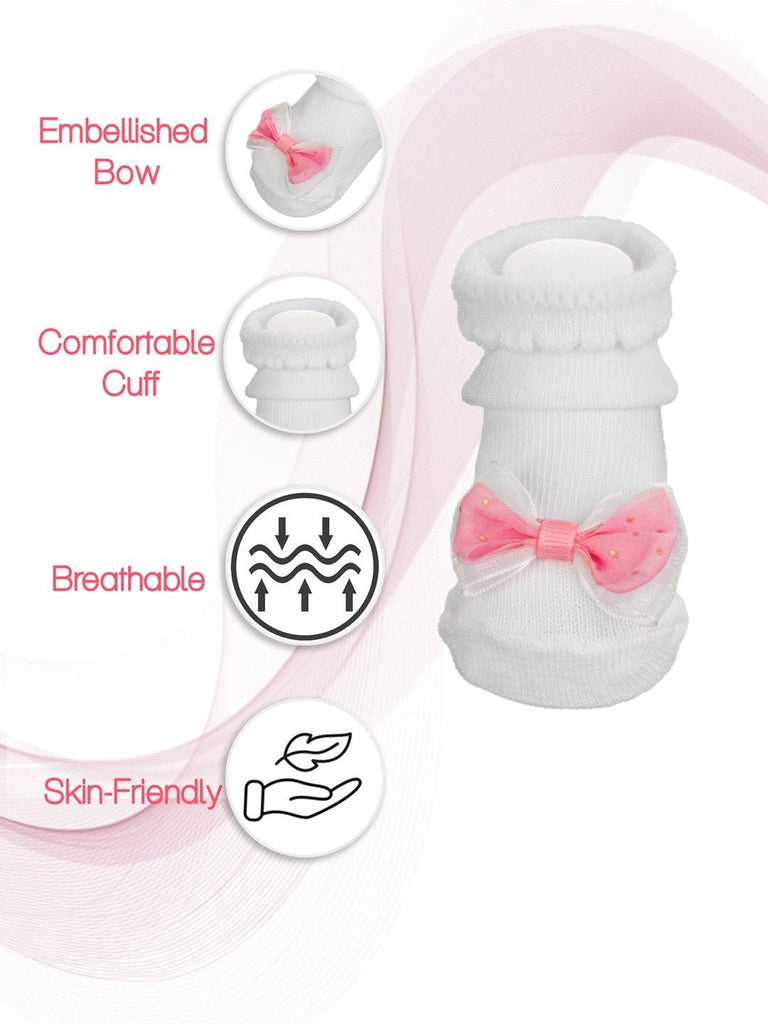 Baby Girls' White Socks with Pink Bow Accent - Front and Back View