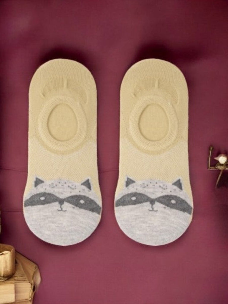 Creative view of Baby Raccoon Face No-Show Socks showcasing playful raccoon design.
