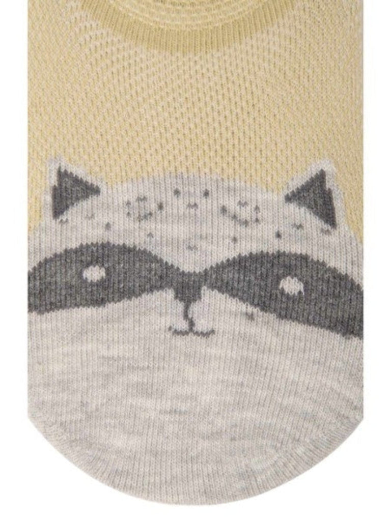 Zoomed-in view of Baby Raccoon Face No-Show Socks highlighting intricate raccoon face details.