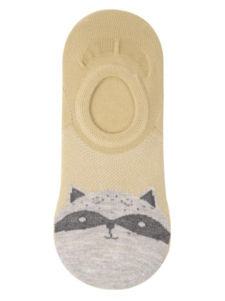 Front view of Baby Raccoon Face No-Show Socks displaying the charming raccoon face design.
