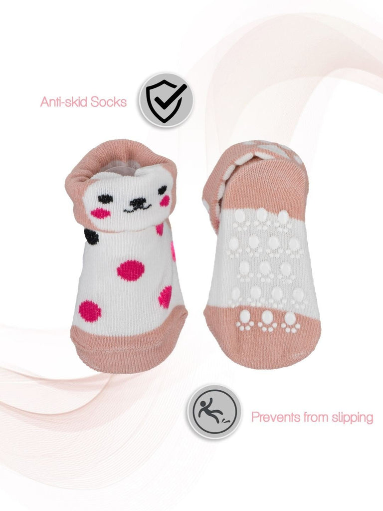 White Baby Socks with Cute Dog Design Front and Back Creative View