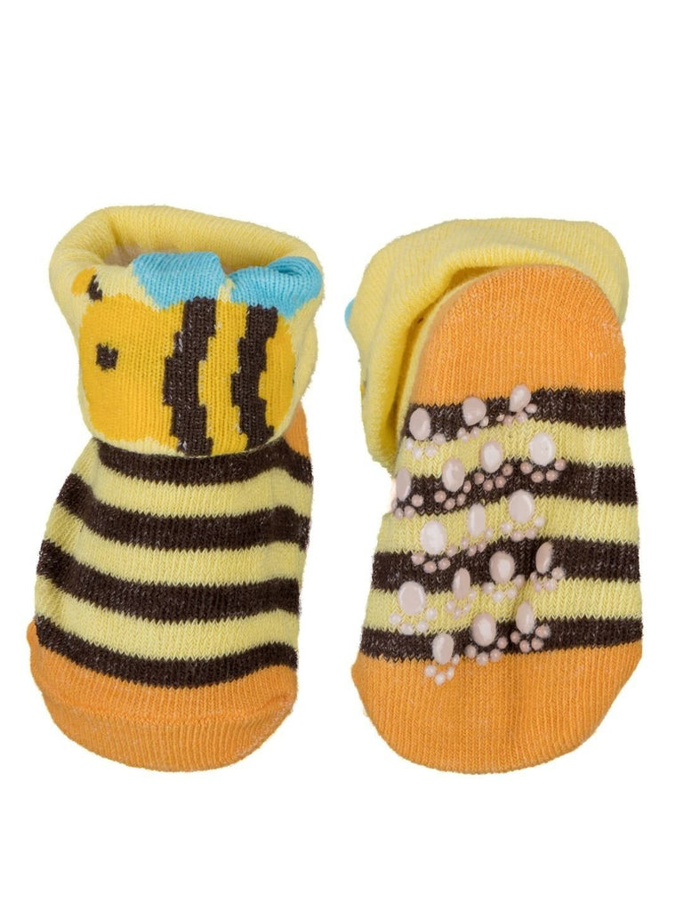 Yellow Baby Socks with Cute Bee Design Front and Back View