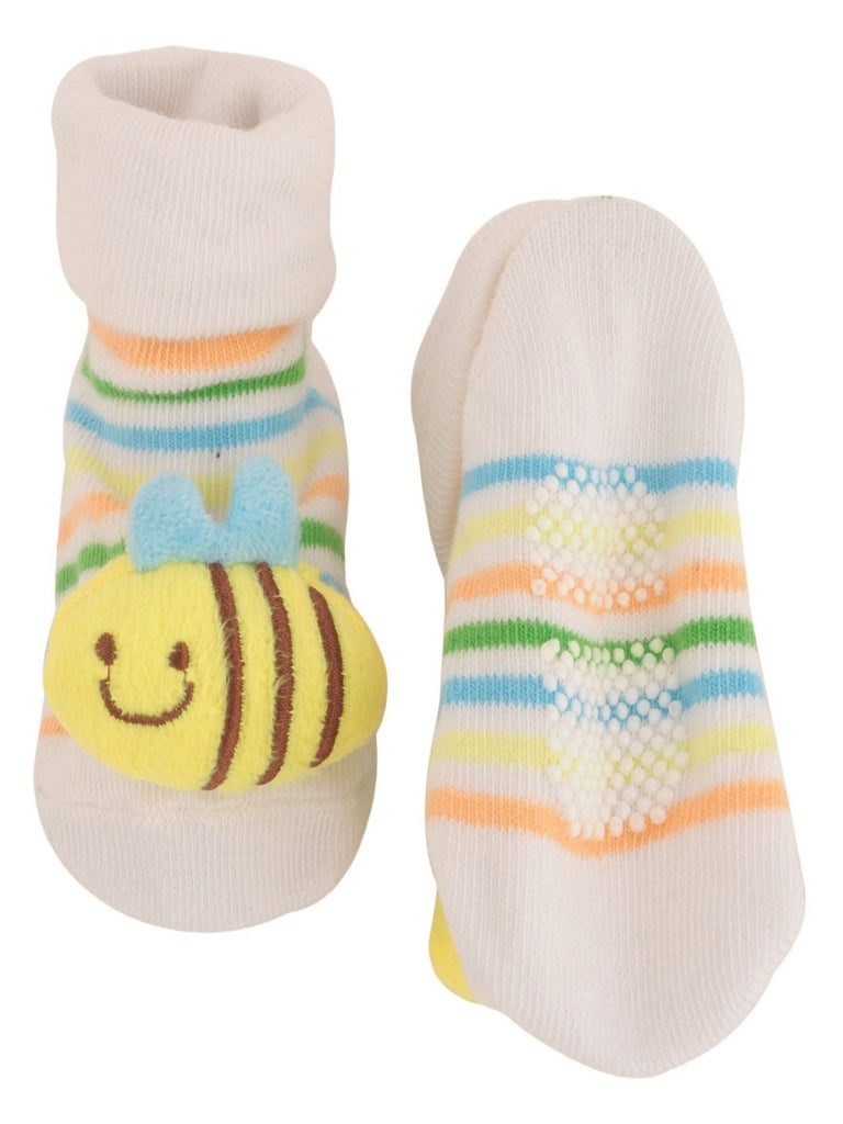 Front and Back View of Baby Socks with Cute Bee Design and Colorful Stripes